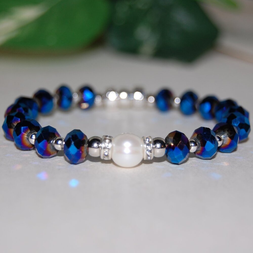 Freshwater Pearl Bracelet,Blue Bracelet,Pearl and Blue Glass Beads Bracelet